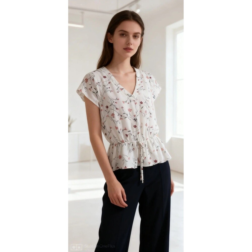 Sienna Sky Womens White/Pink/Black Floral Chiffon Ruffle V-Neck Peplum Blouse M